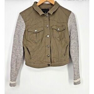 Tinseltown Womens Hybrid Utility Jacket Khaki Green Gray Knit Sweater Sleeves